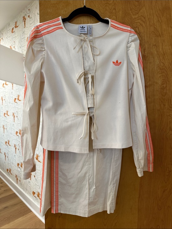 adidas Other - adidas Cream Two-Piece Top and Pants Set with Coral Stripes